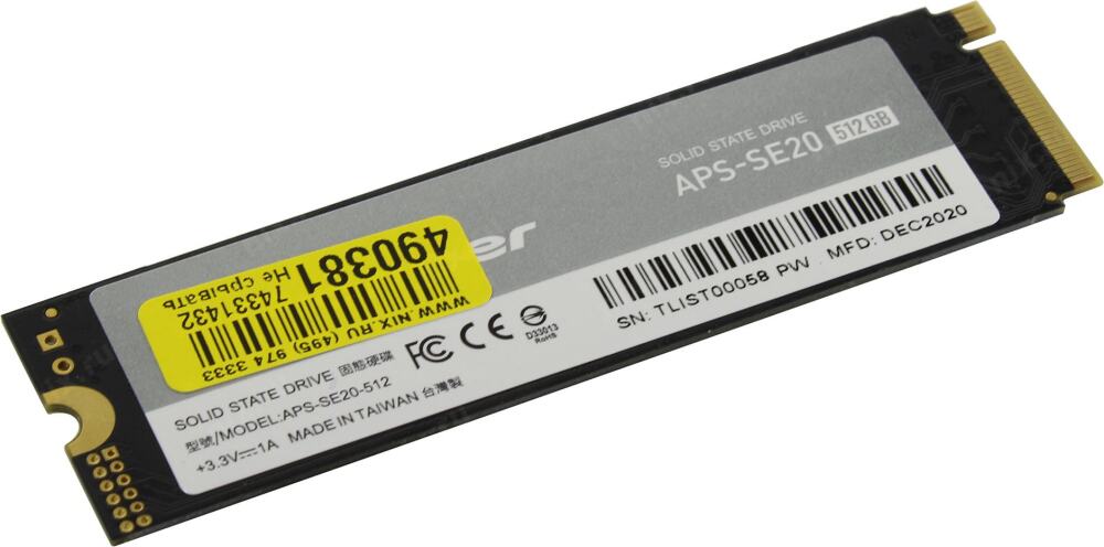 Твердотельный накопитель SSD Pioneer 512GB M.2 2280 PCIe Gen3x4 APS-SE20G-512 R/W up to (3300/2000)